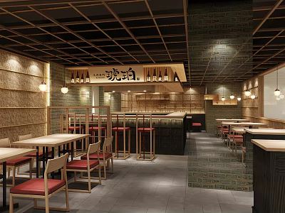 Japanese Yakiniku Restaurant Interior With Wooden Ceiling Brick Walls Pendant Lights And Red Seat Tables 3d model