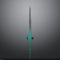 3D Rendered Fantasy Sword With Teal Blue Blade And Black Gold Hilt On Gray Background