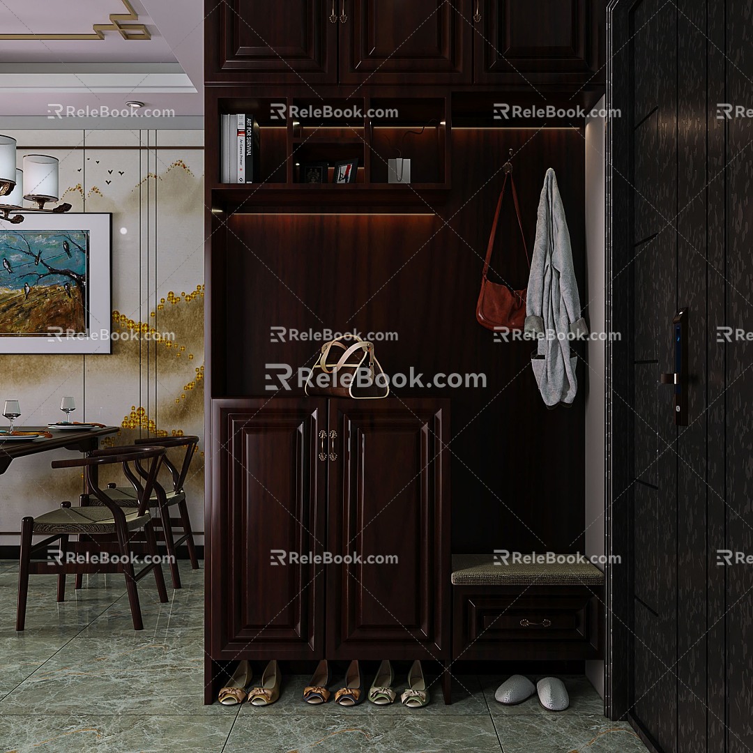 Chinese Style Hallway Hallway Rosewood Shoe Cabinet 3d model