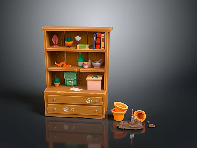 Wooden Bookshelf With Books Potted Plants And Decorations Near Fallen Flower Pots 3d model
