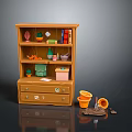 Wooden Bookshelf With Books Potted Plants And Decorations Near Fallen Flower Pots