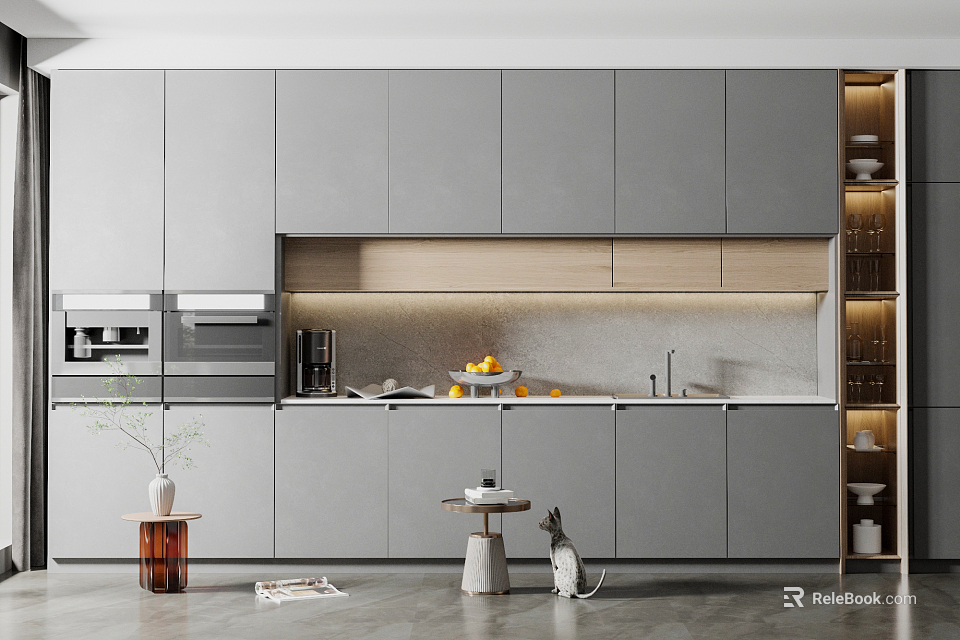 Modern Gray Kitchen Cabinets With Sleek Countertop And Integrated Appliances 3d model 