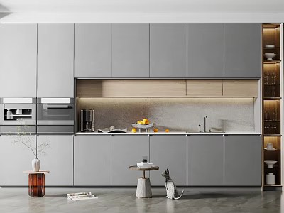 Modern Gray Kitchen Cabinets With Sleek Countertop And Integrated Appliances 3d model