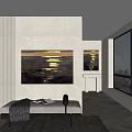 Modern Room Interior Featuring Large Landscape Painting Bed And Sunlight