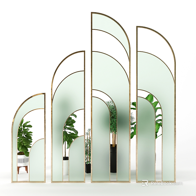Modern Arched Glass Room Divider With Golden Frames And Green Plants For Interior Decor 3d model 