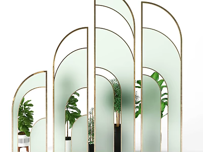 Modern Arched Glass Room Divider With Golden Frames And Green Plants For Interior Decor 3d model