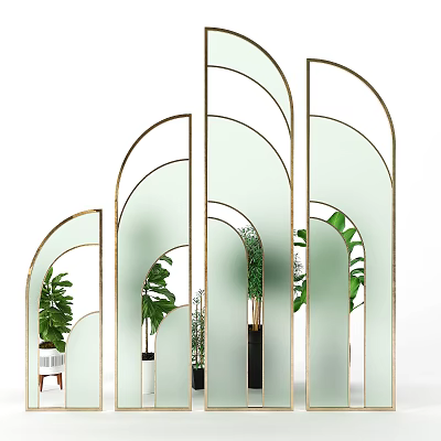 Modern Arched Glass Room Divider With Golden Frames And Green Plants For Interior Decor 3d model