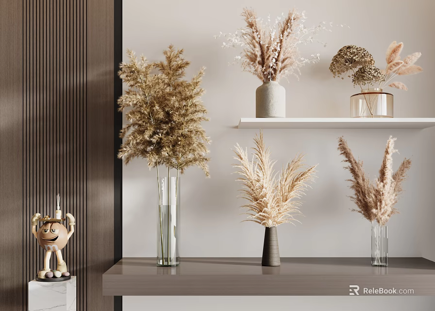 Modern Interior Shelf Display With Multiple Vases And Natural Dried Flowers In Neutral Tones 3d model 