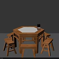Wooden Hexagonal Dining Table Set with Benches and White Tabletop 3d model