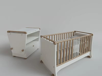 White Baby Crib With Light Wooden Rails And Matching Nightstand Modern Design 3d model