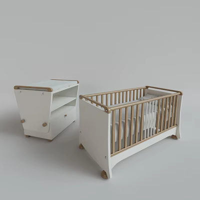White Baby Crib With Light Wooden Rails And Matching Nightstand Modern Design 3d model