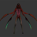 Futuristic Alien Creature Character With Multiple Arms Sharp Claws Red Body And Glowing Green Accents