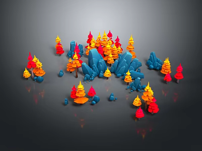 Miniature Garden Ornaments With Red Orange Trees And Blue Rocks 3d model