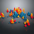 Miniature Garden Ornaments With Red Orange Trees And Blue Rocks