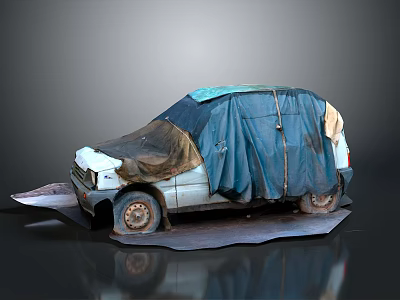 Old Abandoned Car With Damaged Body Covered In Blue And Brown Tarp On Gray Ground 3d model