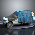 Old Abandoned Car With Damaged Body Covered In Blue And Brown Tarp On Gray Ground