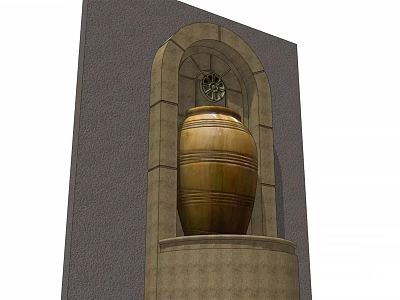 Traditional Feature Wall With Arched Design Decorative Pattern And Clay Jar On Stone Pedestal 3d model