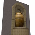 Traditional Feature Wall With Arched Design Decorative Pattern And Clay Jar On Stone Pedestal