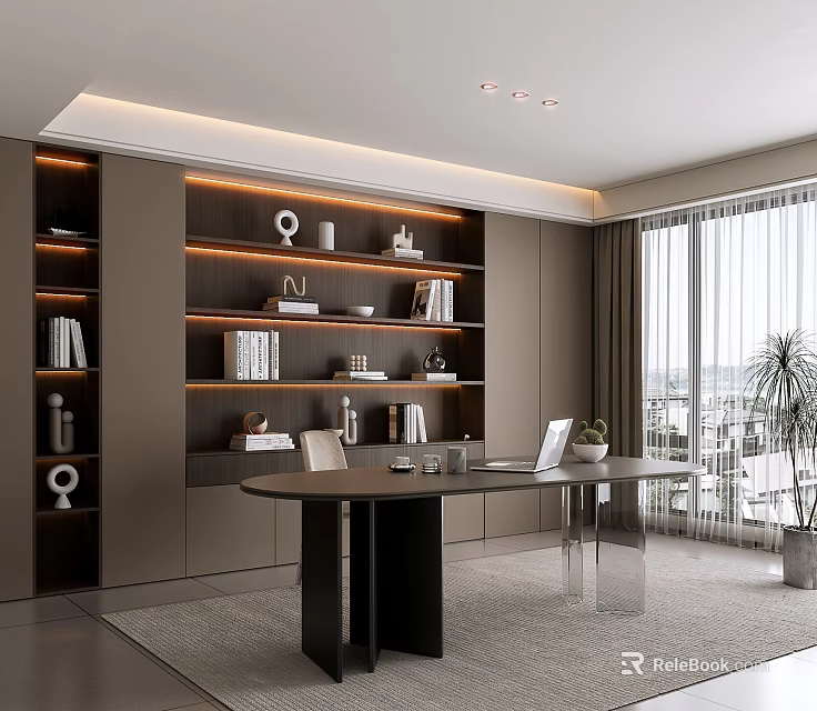 Modern Study Room Interior With Built in Shelves Desk Laptop Chair And Potted Plant 3d model 