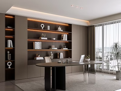 Modern Study Room Interior With Built in Shelves Desk Laptop Chair And Potted Plant 3d model