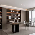 Modern Study Room Interior With Built in Shelves Desk Laptop Chair And Potted Plant