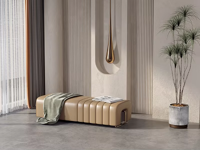 Beige Upholstered Entryway Bench with Green Blanket Book and Tall Potted Plant Near Textured Wall 3d model