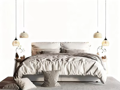 Modern Double Bed With Light Colored Bedding Pillows And Hanging Pendant Lights 3d model