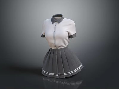 Cute White Short Sleeve Collared Shirt with Gray Pleated Skirt and White Trim 3d model