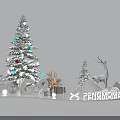Snowy Christmas Decoration Scene With Decorated Tree Gifts Deer Ornament And Small Trees