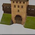 Medieval Brick Red Fortress Tower With Wooden Roof Galleries Green Grass Slopes And Arched Door