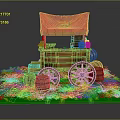 Wooden Cart With Red Canopy Surrounded By Green Plants And Barrels