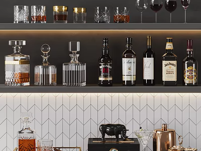 Wine Whiskey Bottles And Glassware Display On Bar Shelf With Herringbone Tile Background 3d model