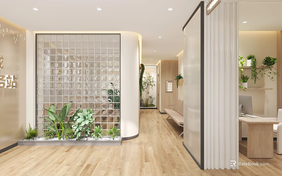 Modern Hospital Outpatient Clinic Space With Plants Glass Block And Wooden Floor 3d model 