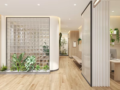 Modern Hospital Outpatient Clinic Space With Plants Glass Block And Wooden Floor 3d model
