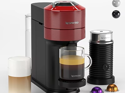 Red Nespresso Coffee Machine With Glass Coffee Cup And Colorful Capsules 3d model