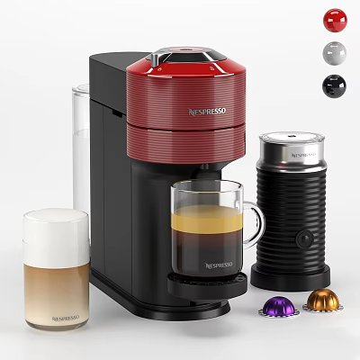 Red Nespresso Coffee Machine With Glass Coffee Cup And Colorful Capsules 3d model