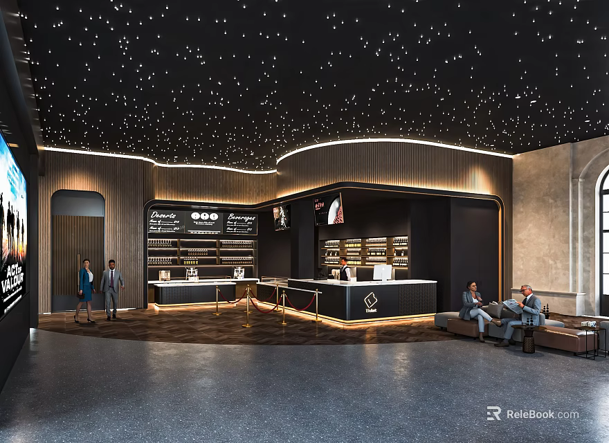 Modern Cinema Interior With Starry Ceiling Curved Ticket Counters And Seating Area 3d model 