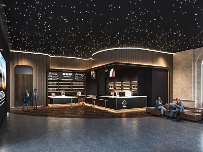 Modern Cinema Interior With Starry Ceiling Curved Ticket Counters And Seating Area 3d model
