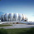 Modern Circular Public Venue With Green Surroundings Pathways And People