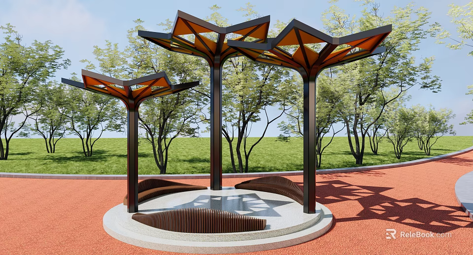 Modern Pergola with Geometric Canopy Metal Structure and Seating Area Surrounded by Trees and Lawn 3d model 