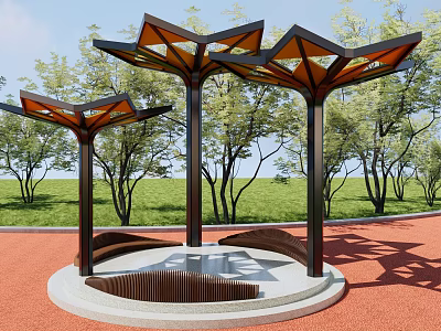 Modern Pergola with Geometric Canopy Metal Structure and Seating Area Surrounded by Trees and Lawn 3d model