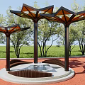Modern Pergola with Geometric Canopy Metal Structure and Seating Area Surrounded by Trees and Lawn