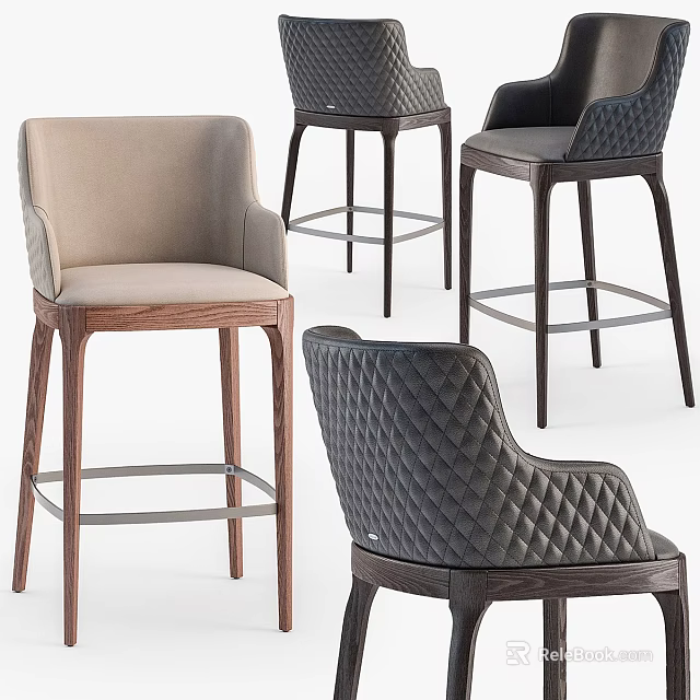 Elegant Modern Bar Stools With Wooden Legs Leather Seats And Quilted Stitching Design 3d model 
