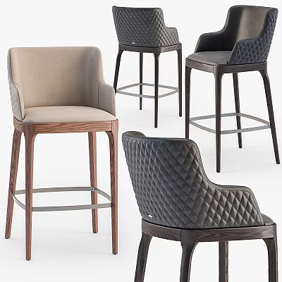 Elegant Modern Bar Stools With Wooden Legs Leather Seats And Quilted Stitching Design 3d model