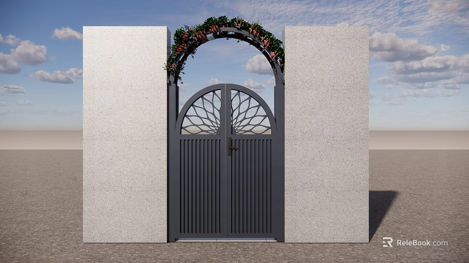 Black Arched Gate With Circular Lattice Design Green Plants Red Flowers And White Walls 3d model 