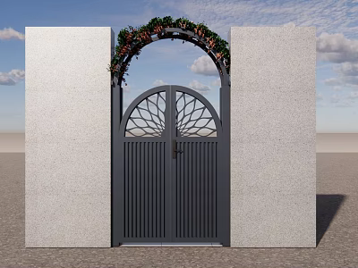 Black Arched Gate With Circular Lattice Design Green Plants Red Flowers And White Walls 3d model