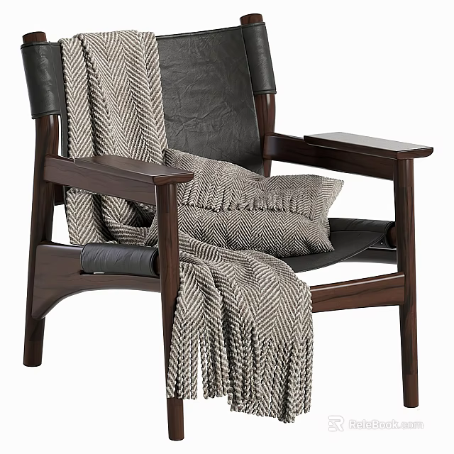 Comfortable Leisure Chair With Black Leather Wooden Frame Beige Woven Blanket And Fringed Cushion 3d model 
