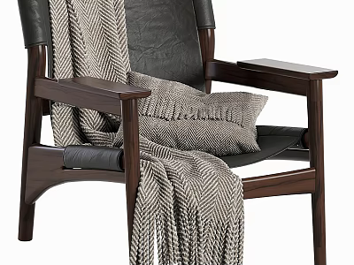 Comfortable Leisure Chair With Black Leather Wooden Frame Beige Woven Blanket And Fringed Cushion 3d model