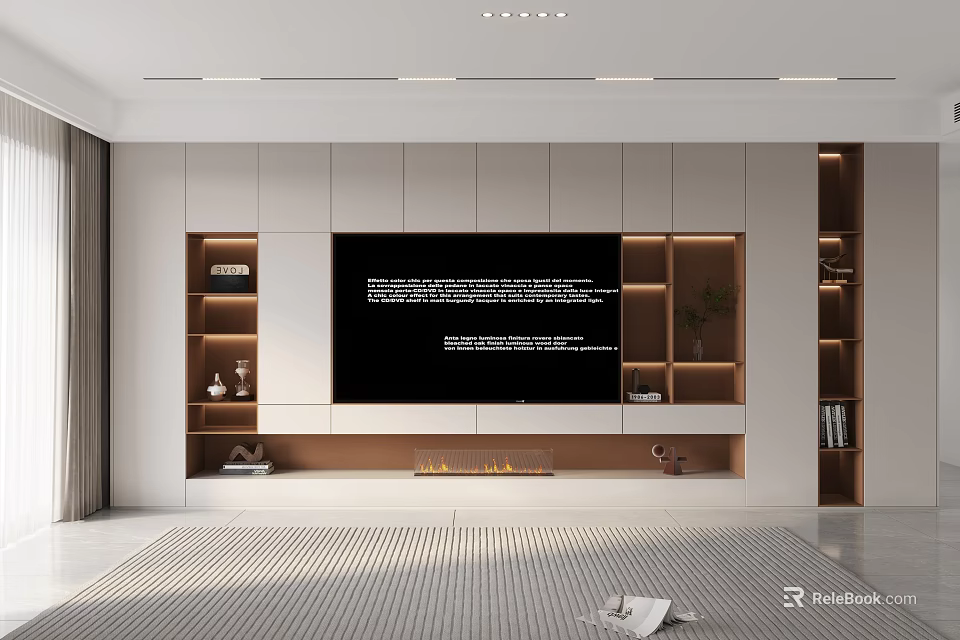 Modern TV Wall Unit Interior Design With Illuminated Shelves And Storage Cabinets 3d model 