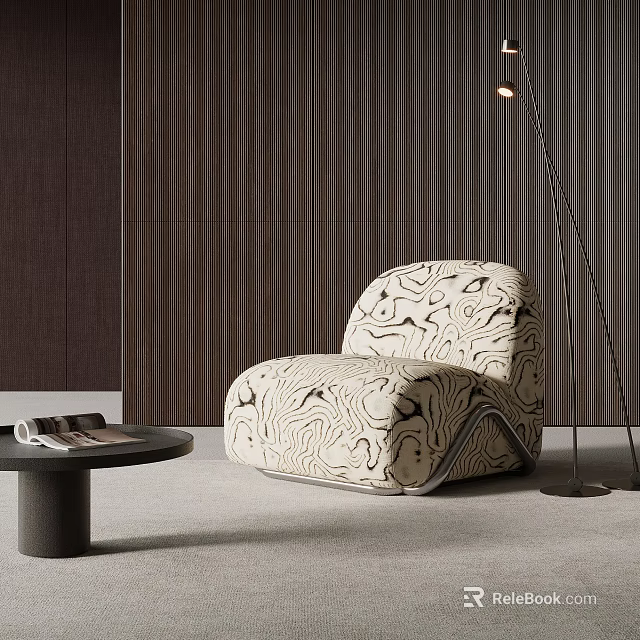 Modern Accent Chair With Abstract Wave Pattern Near Floor Lamp And Round Side Table 3d model